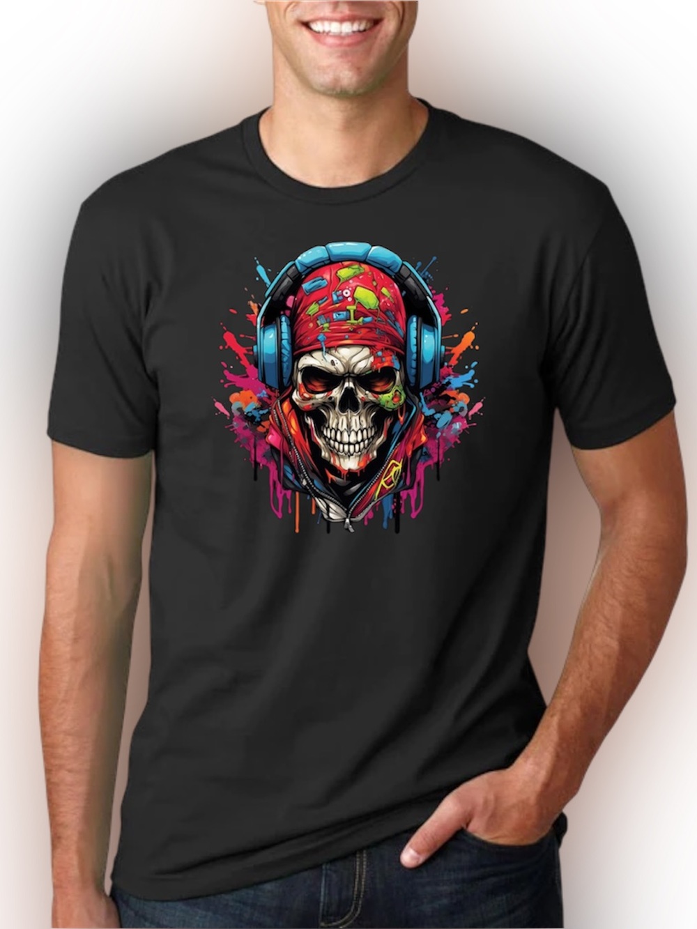 Skull Headphones Graphic T-Shirt Colorful Streetwear DJ Music Punk Tee